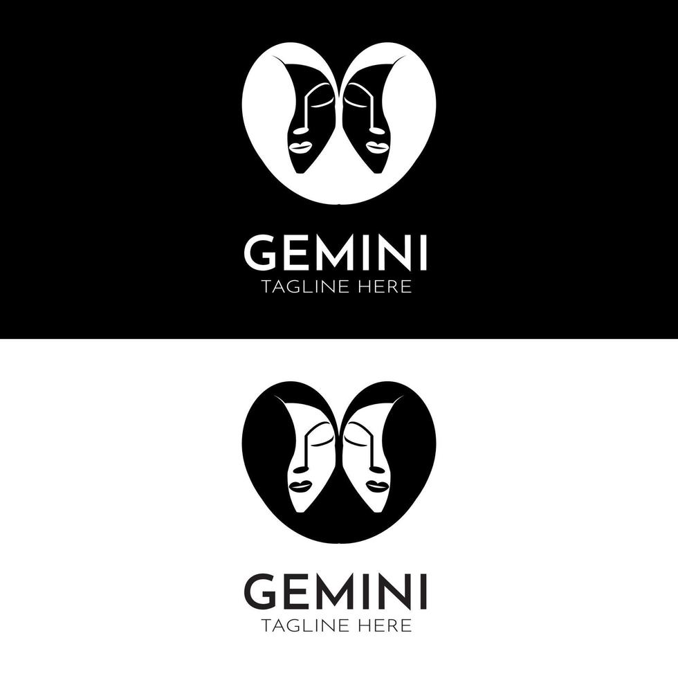 Beautiful twin girl for gemini tattoo zodiac sign and simple retro vintage illustration female health spa skin care face treatment identity brand vector