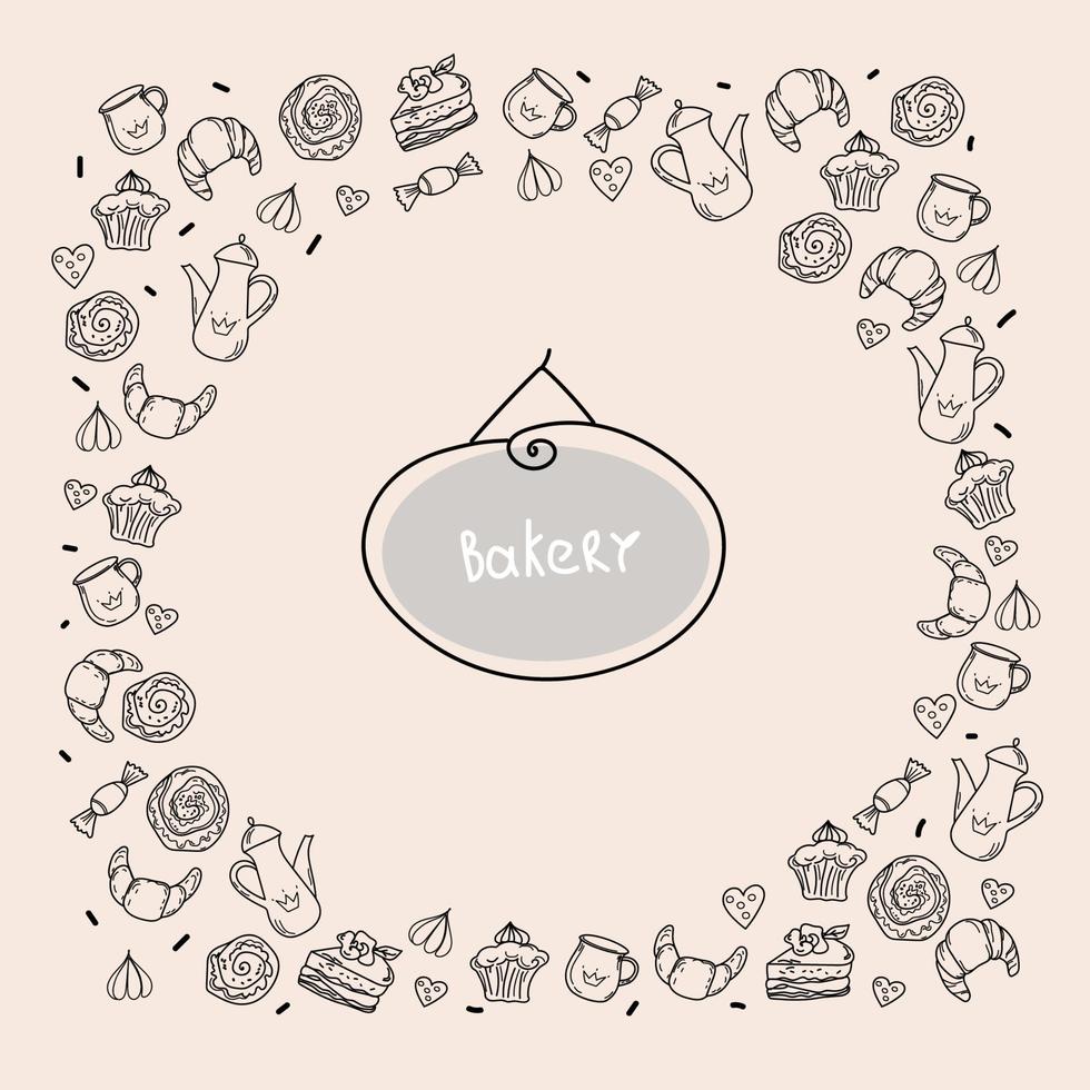 Hand drawn set of bakery and baking elements, doodke sketch style design. vector