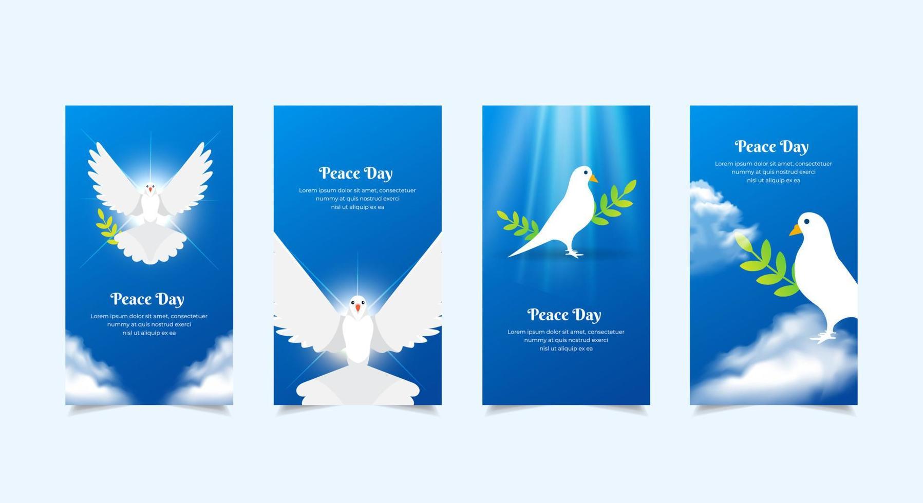 International Day of Peace background with pigeon, cloud and blue sky. International Day of Peace design Stories Collection. Peace day template stories suitable for promotion, marketing etc. vector