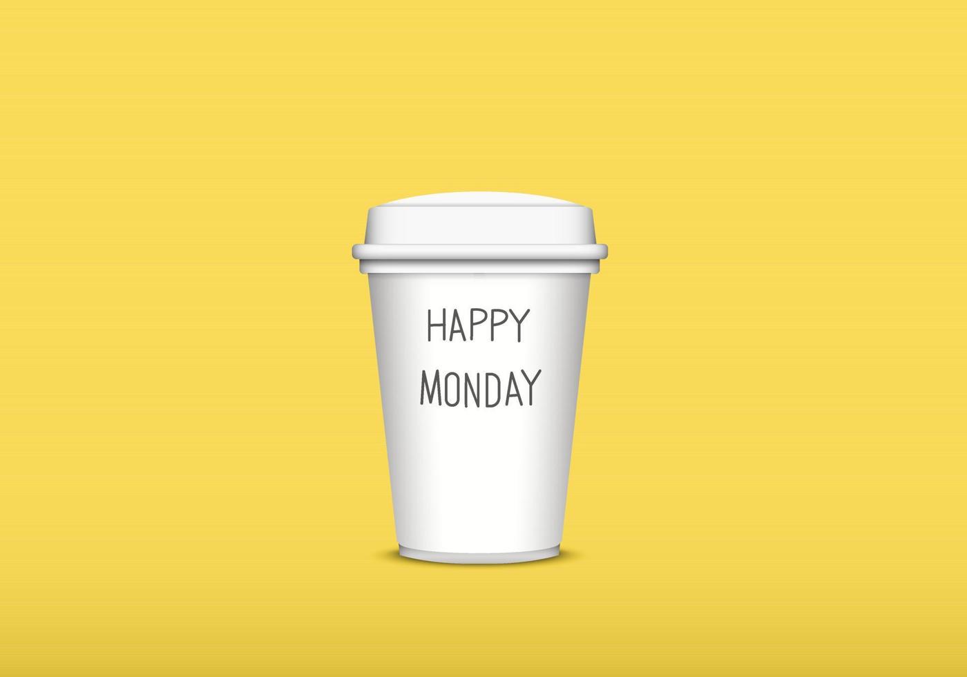 Realistic of white paper coffee cup with happy Monday text isolated on yellow background. mock up with copy space. Business hour. Office time. vector illustration