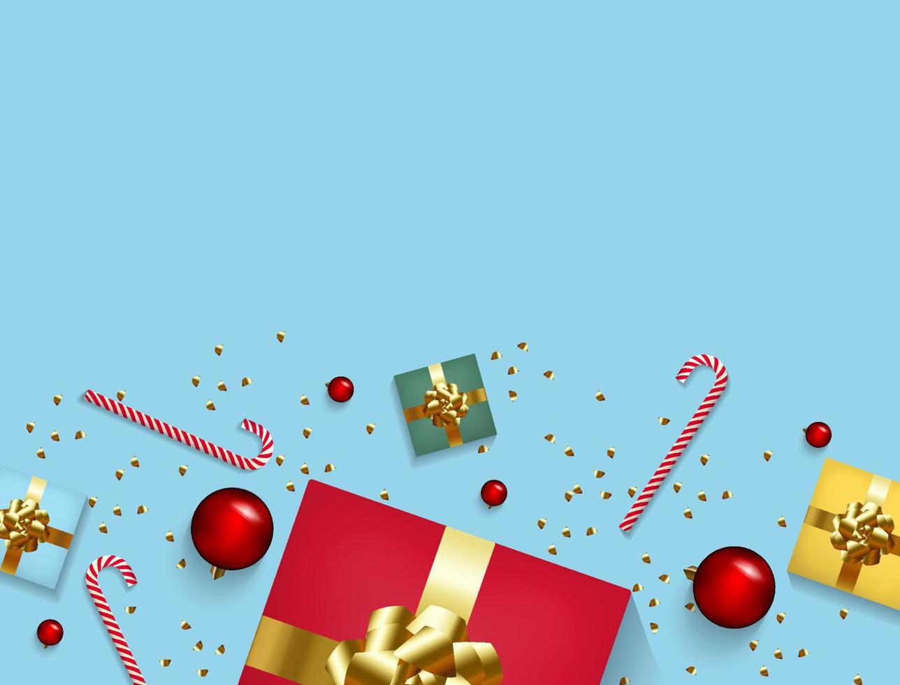 Christmas composition banner. Xmas design background with realistic gift box, glitter gold confetti, red ball decoration and candy. Top view horizontal poster with copy space. Flat lay greeting card. vector