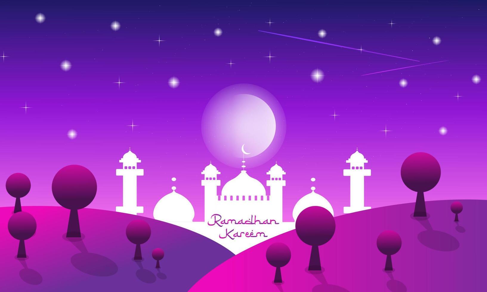 vector flat islamic ramadan kareem with mountain stars and trees