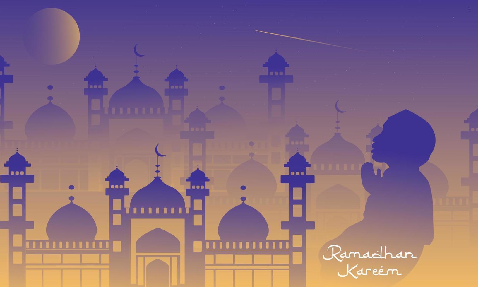 flat vector islam ramadan kareem with mosque and mosque shadow and people praying