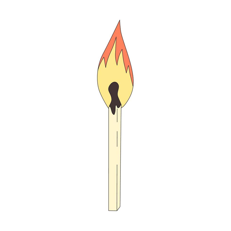 Vector illustration of a burning matchstick isolated on white background. Fire source for grill, barbecue, or bonfire. A symbol of danger