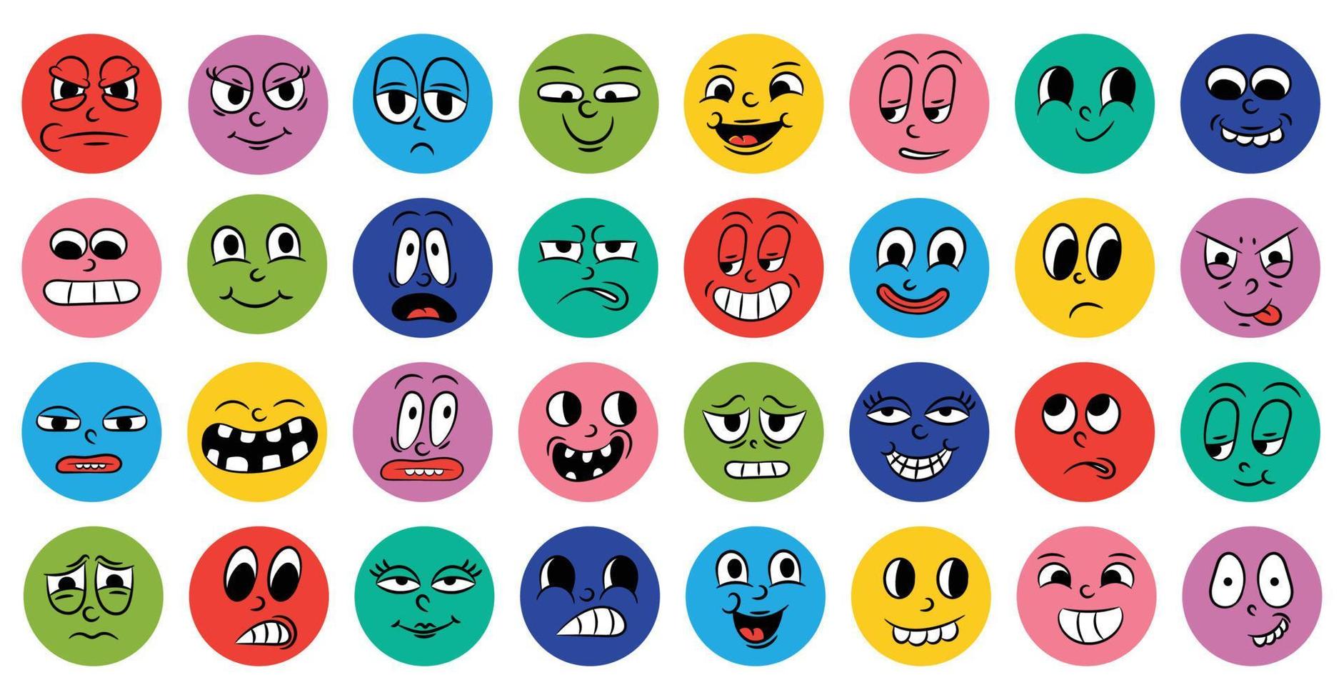 conjunto de caras cómicas de dibujos animados en estilo retro con diferentes expresiones de emociones. iconos redondos abstractos de cabezas de personajes emocionales. Animación de personas emoji al estilo de los años 50 y 60. vector