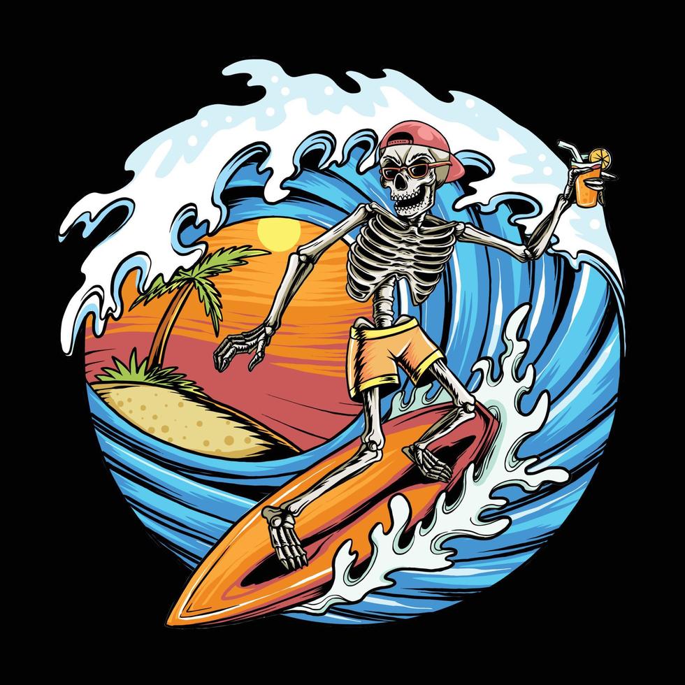 calavera verano surfeando en la playa vector