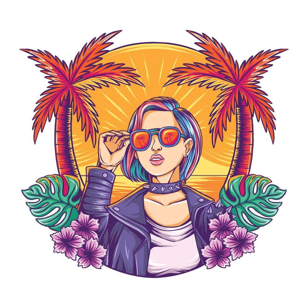 Summer Rocker Girl with Colorful Hair vector