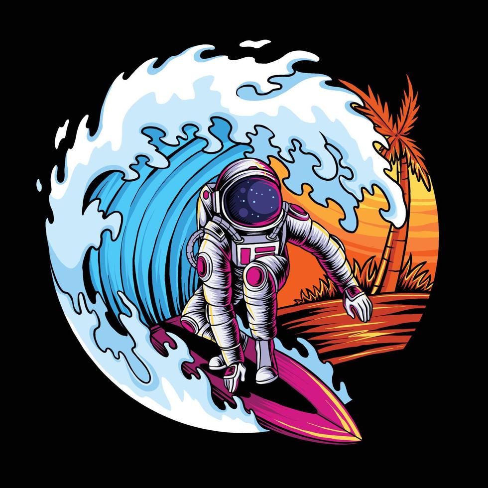 astronauta de verano surfeando en las olas de la playa espacial vector