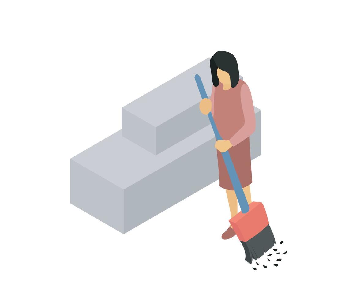 Isometric style illustration of a maid sweeping vector