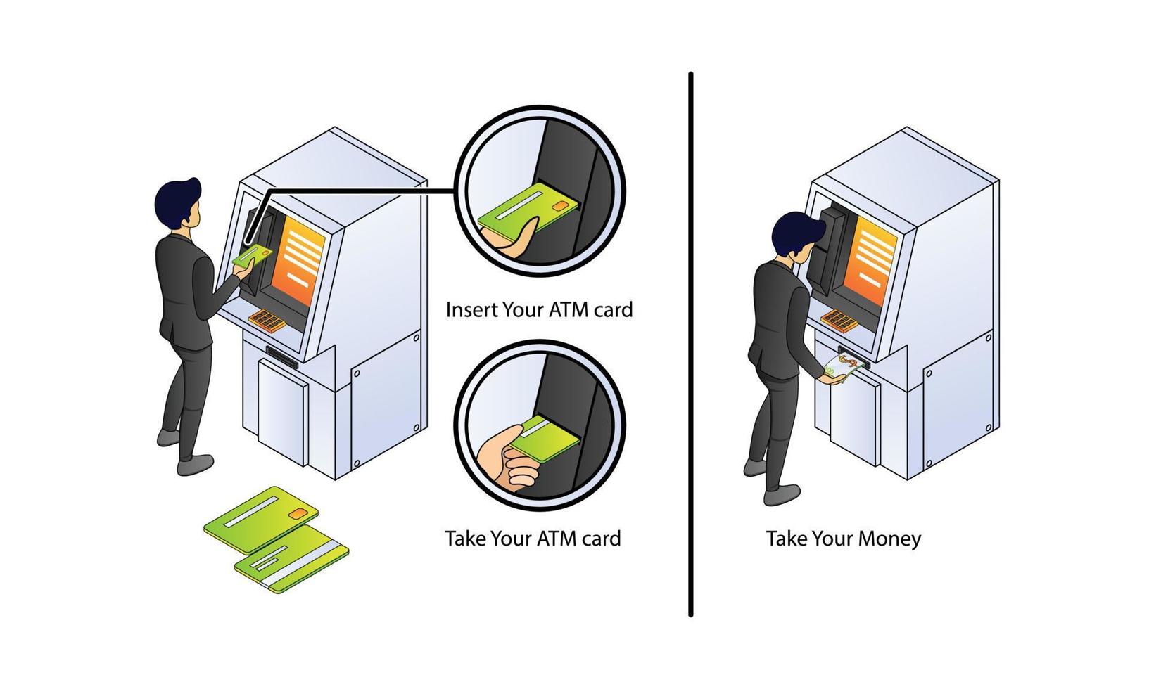 ilustración de estilo isométrico de vector premium sobre banca y finanzas atm con un personaje