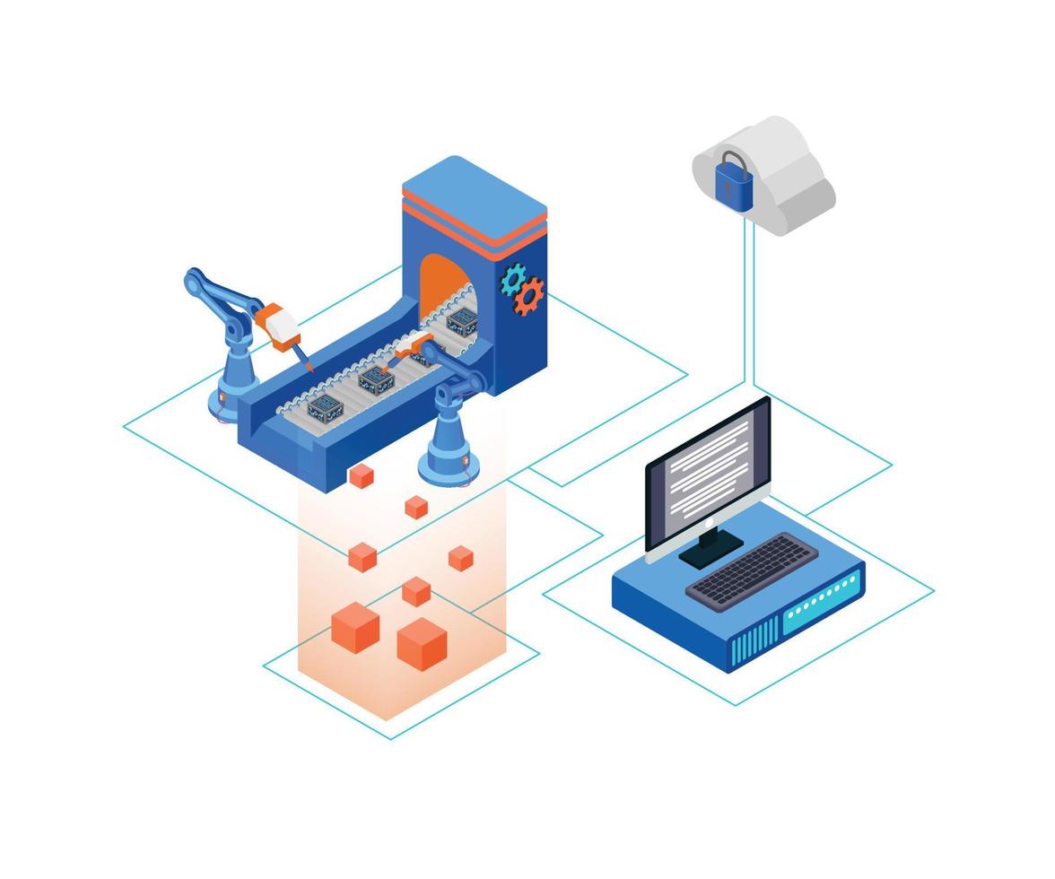 Robot machine illustration with isometric style cloud data storage vector