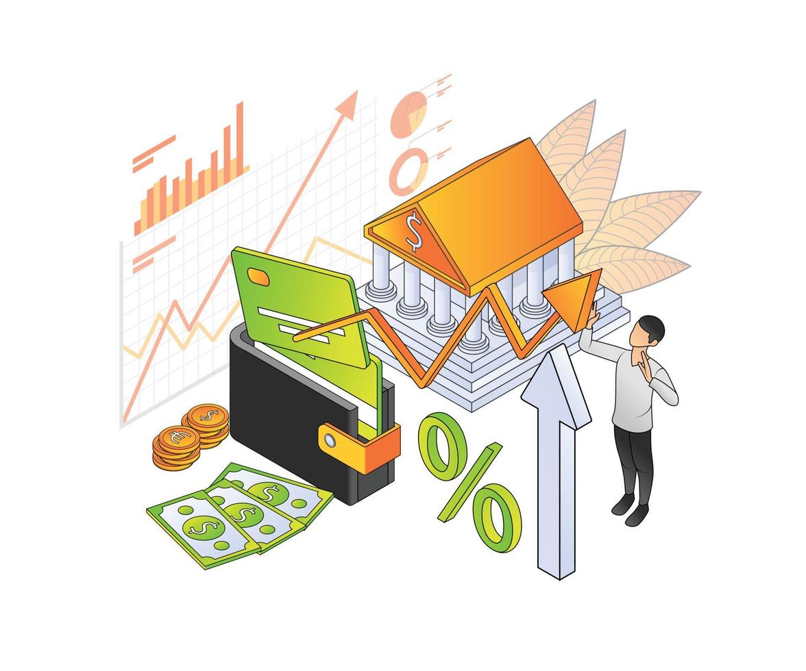 Illustration of premium vector isometric style about banking and finance with a character