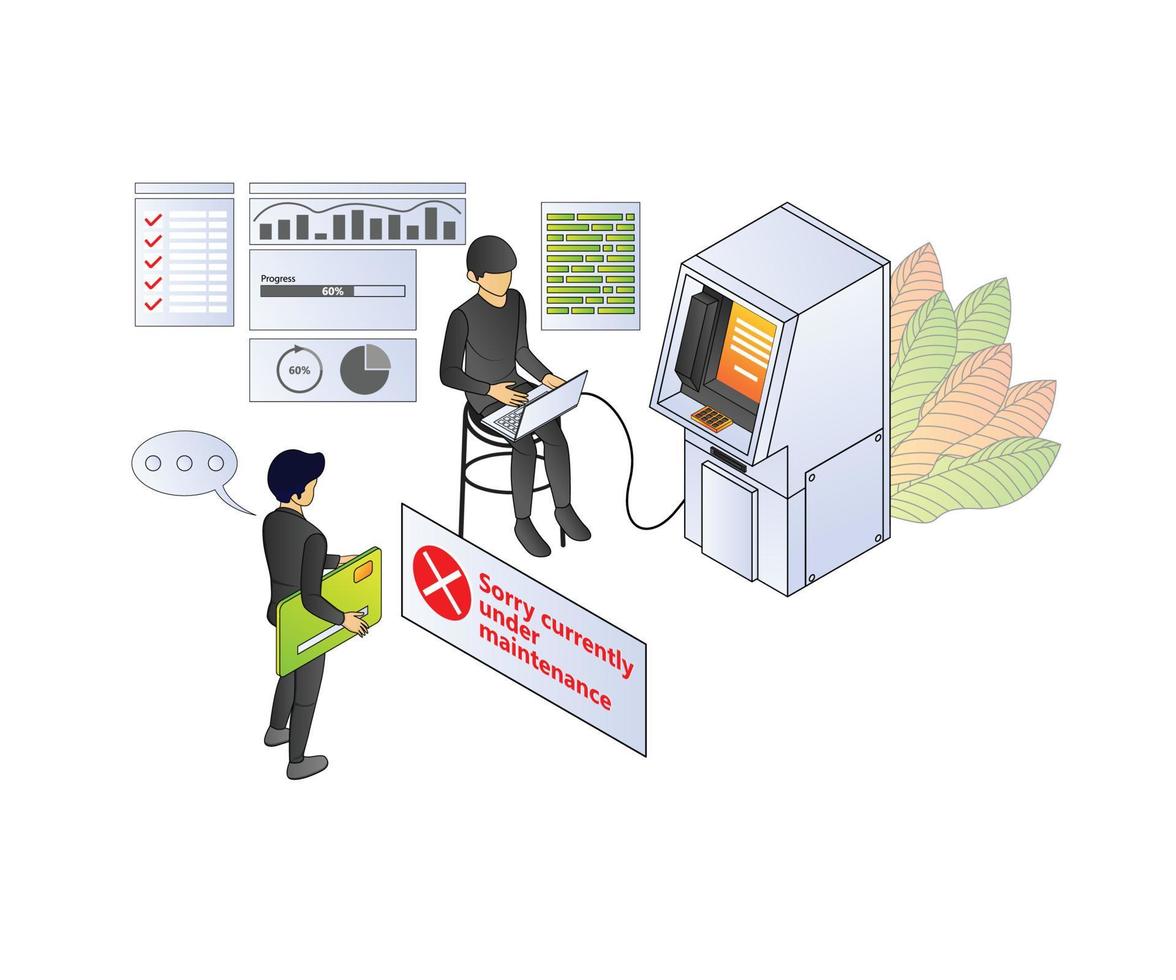 Illustration of premium vector isometric style about atm banking and finance with a character