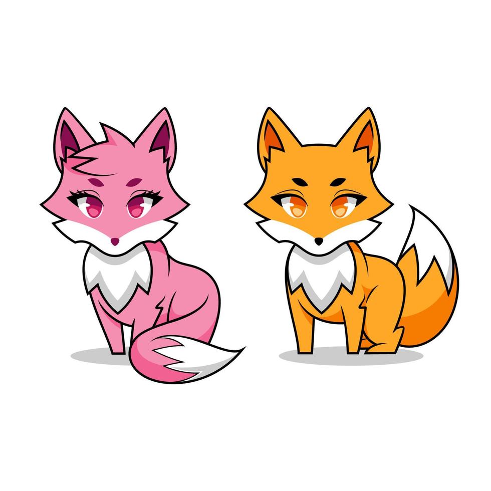 niña y niño zorro, anime kitsune, ilustración de dibujos animados de zorro, mascota fennec naranja y rosa vector