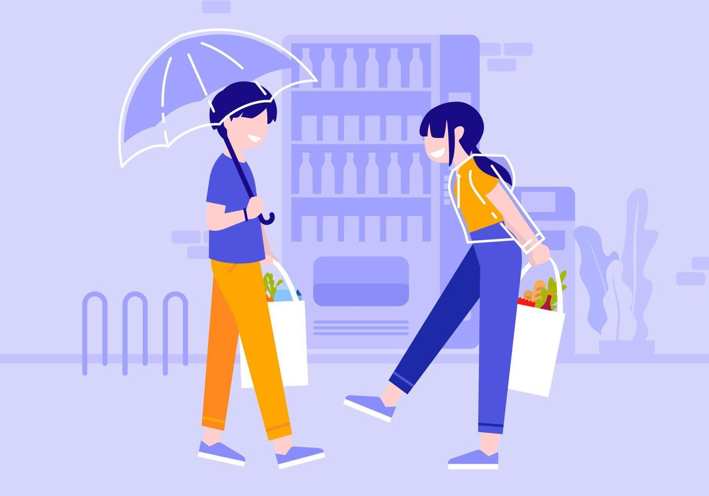 un par de hombres y mujeres jóvenes comprando con paquetes en una bolsa de comestibles, ilustración vectorial de personas de diseño plano vector