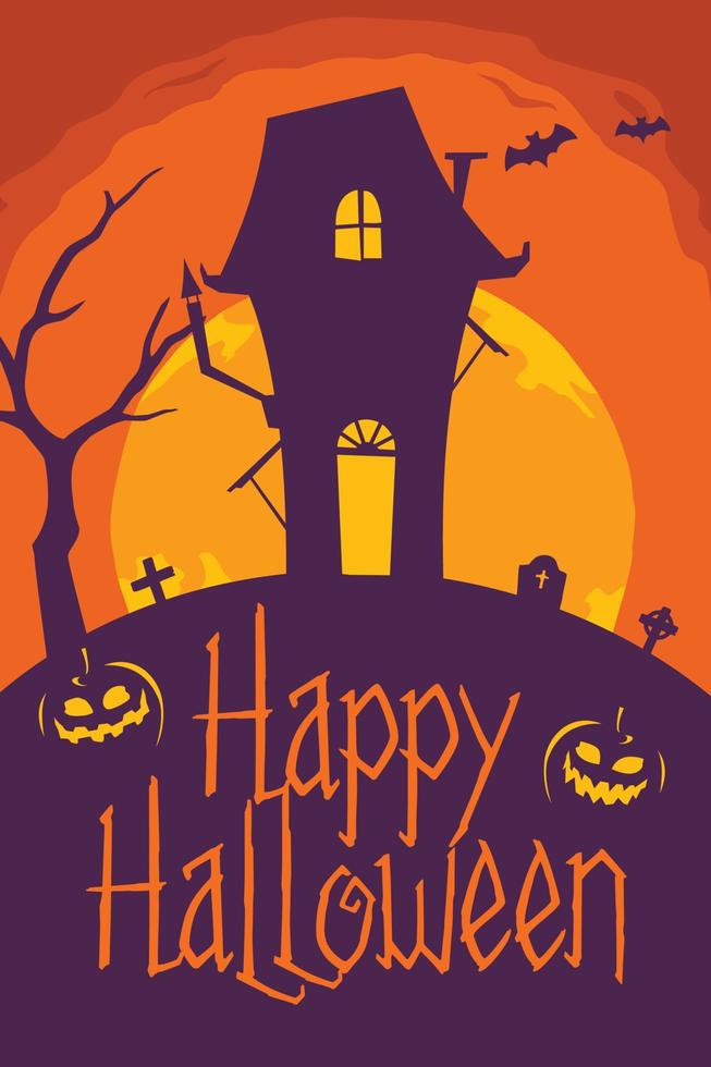 Halloween vertical background with pumpkin, haunted house and full moon. Flyer or invitation template for Halloween party. Vector illustration