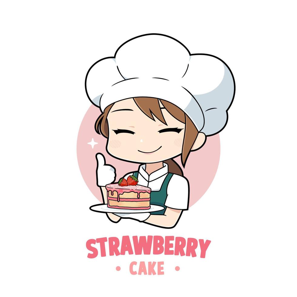 Cute bakery chef girl cartoon holding a strawberry cake mascot logo character vector