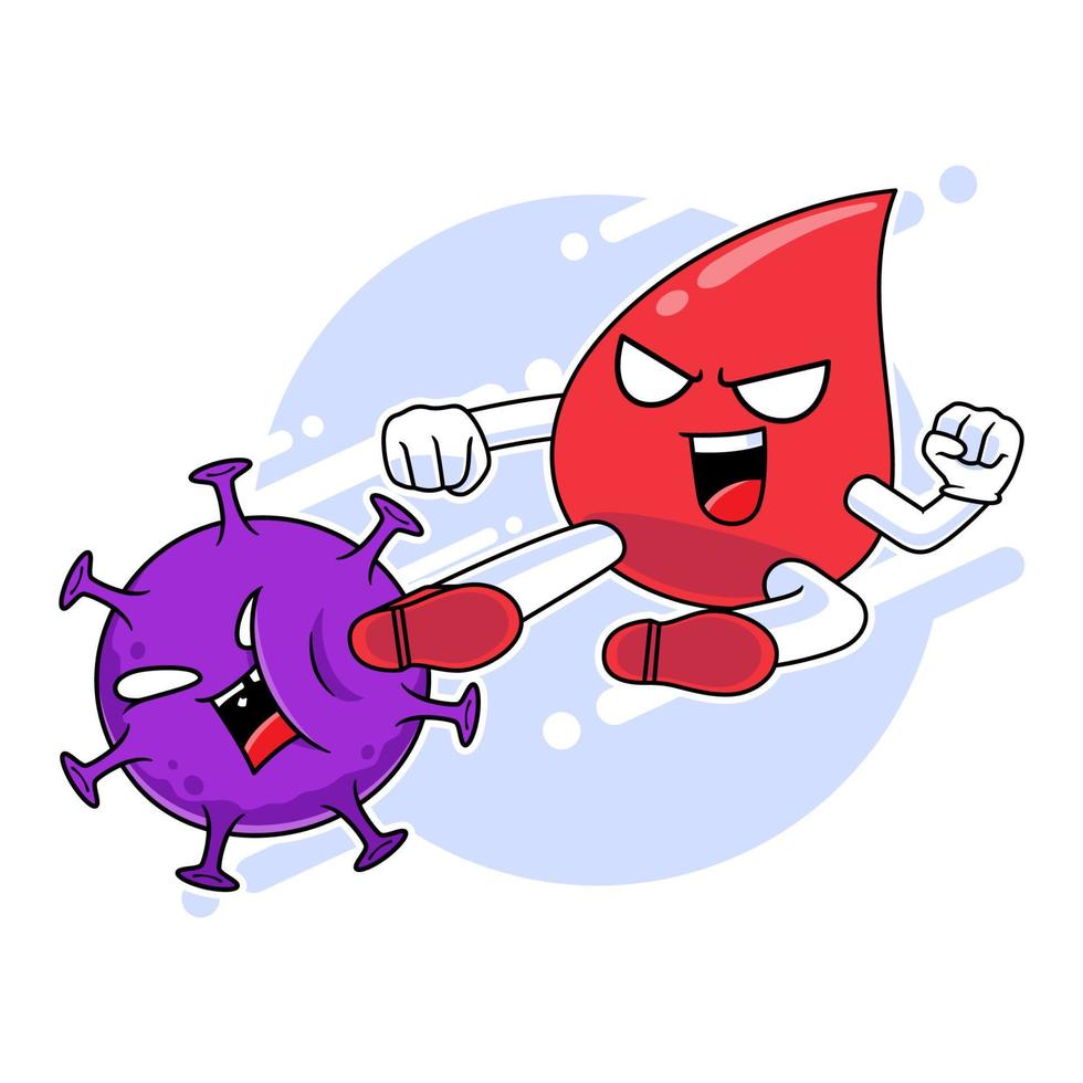 personaje de mascota de sangre roja pateando el virus de la corona, lucha contra el concepto de virus vector