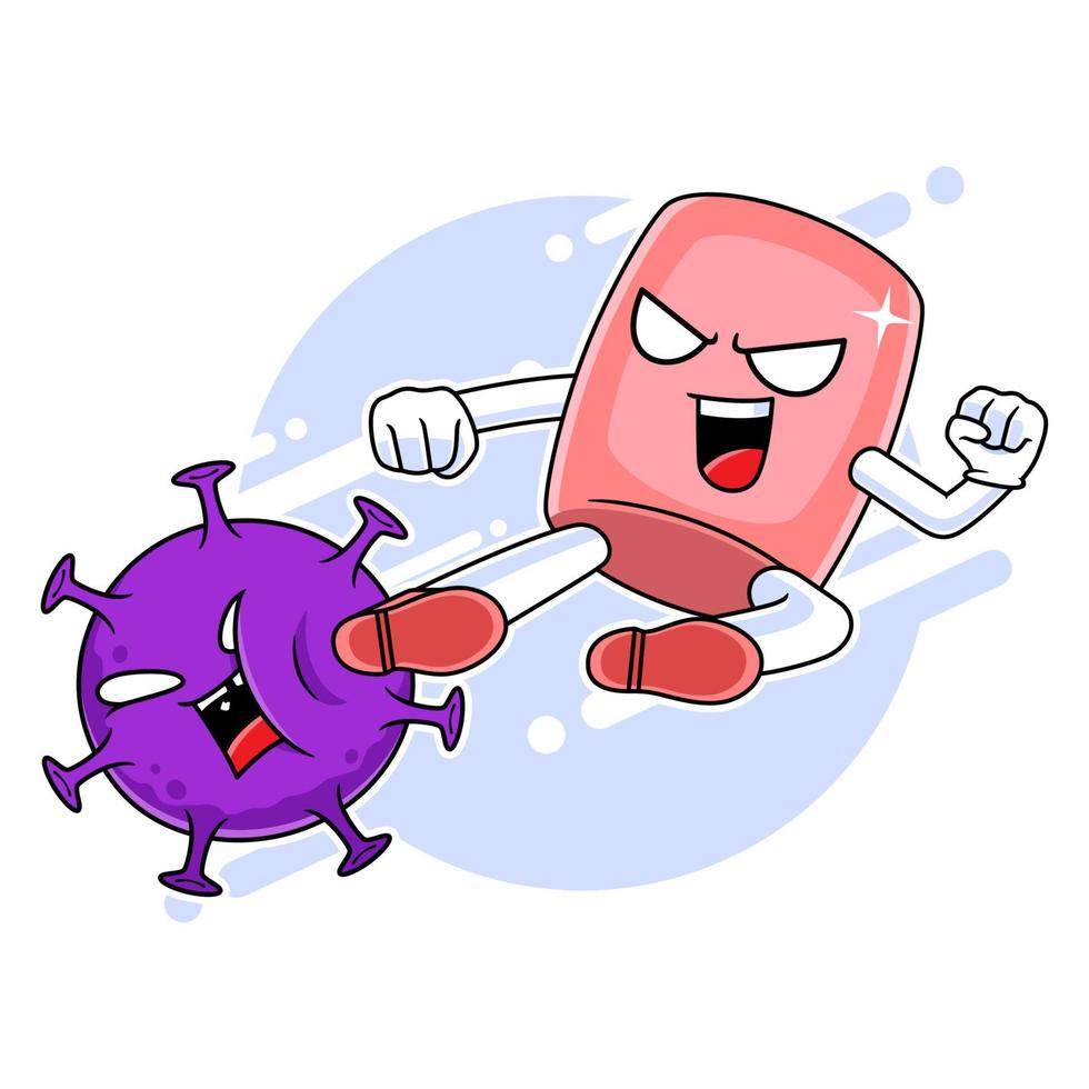 Soap mascot character kicking corona virus, fight against virus concept vector