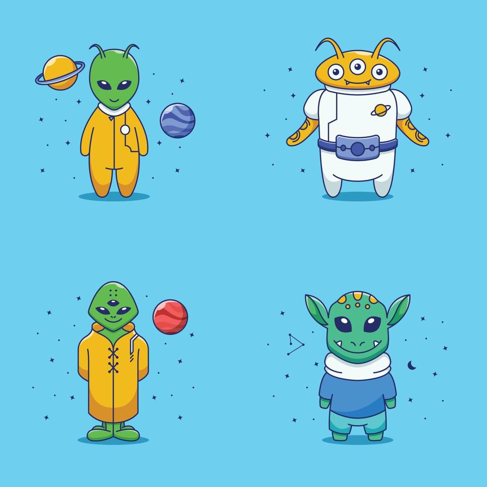 set of alien illustration collection vector