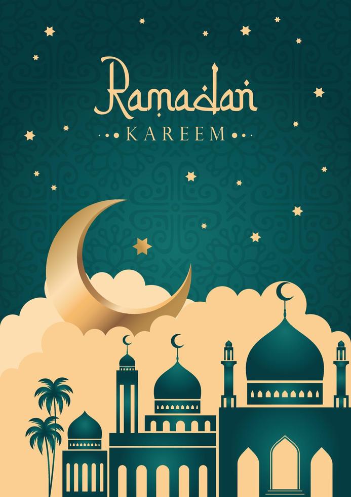 diseño de cartel de ramadán con mezquita y plantilla de patrón verde vector