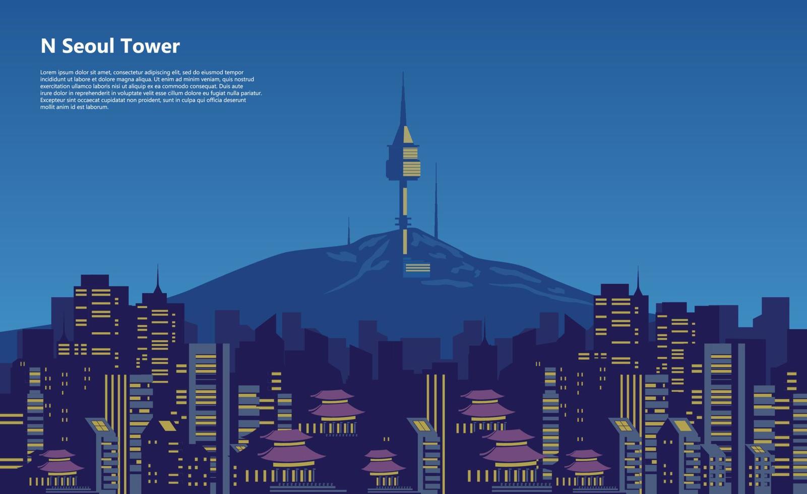 City scape n seoul tower korea vector flat design illustration