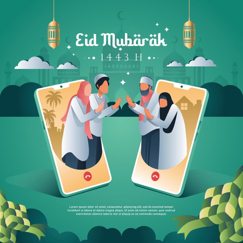 Eid mubarak muslim holy day. family video call template vector illustration