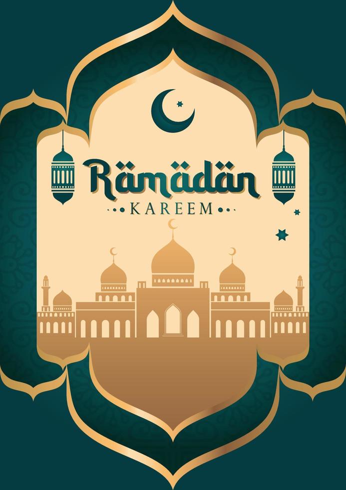 Ramadan poster design with mosque and green pattern template vector