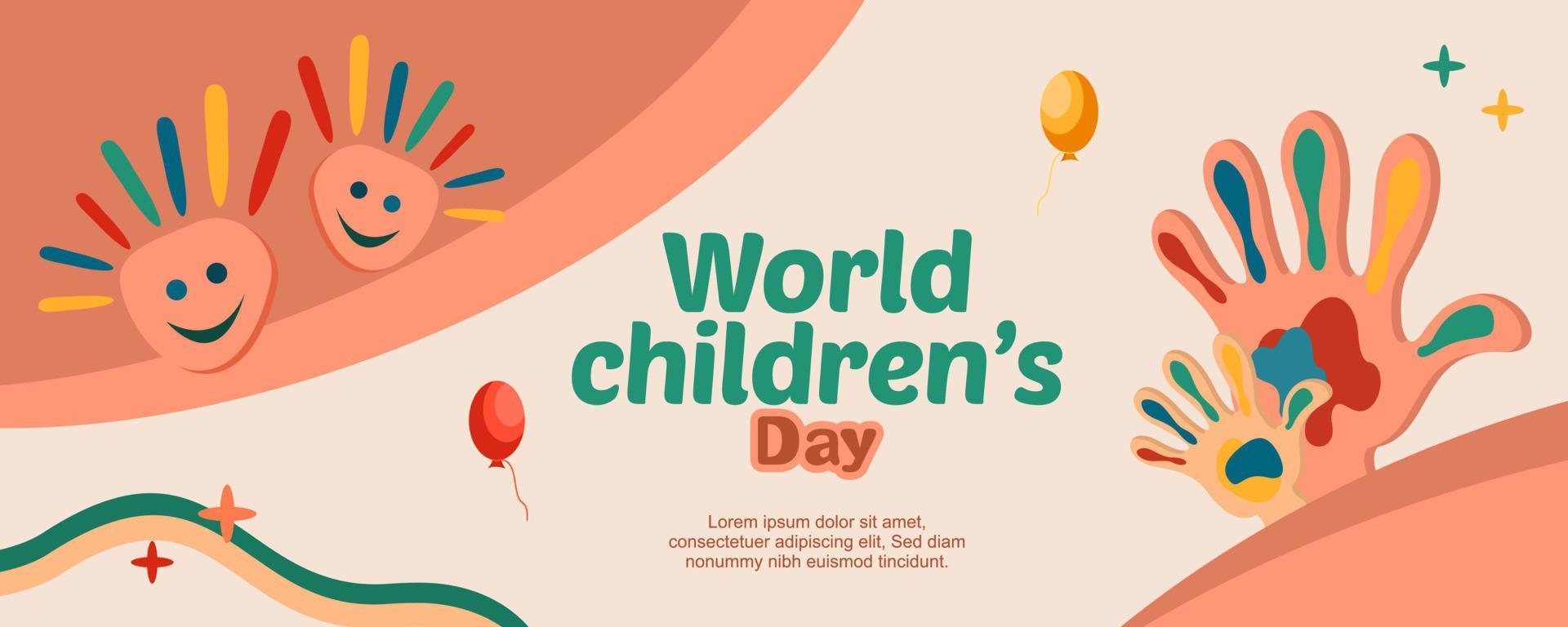 happy international children's day. hand illustration with balloons  and paper airplane. vector