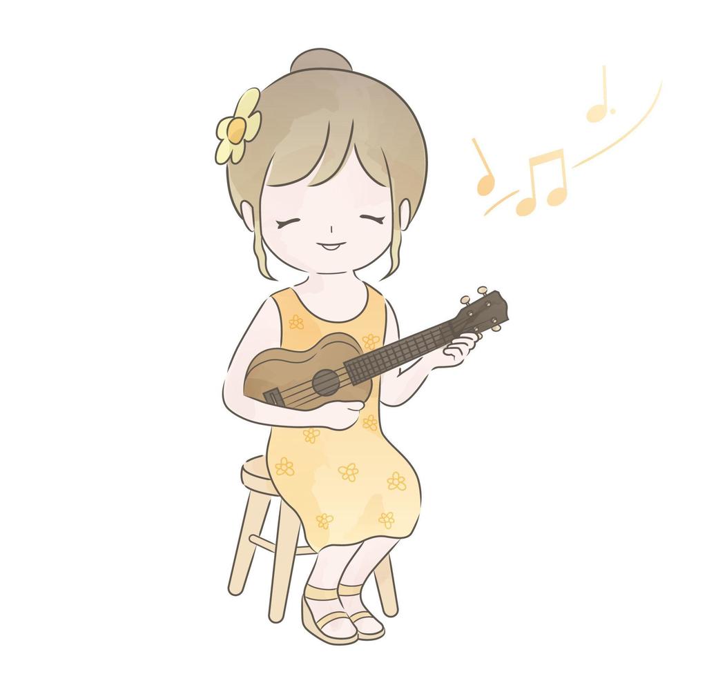 Watercolor Cute Girl Playing The Ukulele. Vector Illustration Isolated