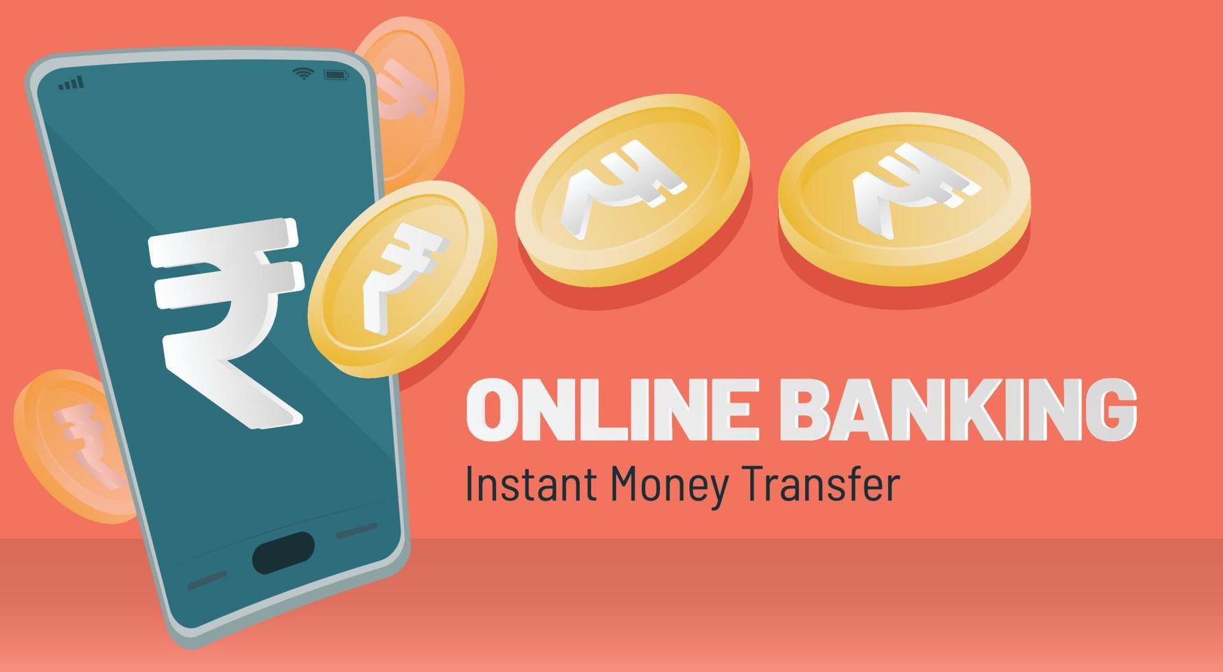Online Banking concept free vector template for website banner and background with Indian Rupee currency coins and smartphone illustration
