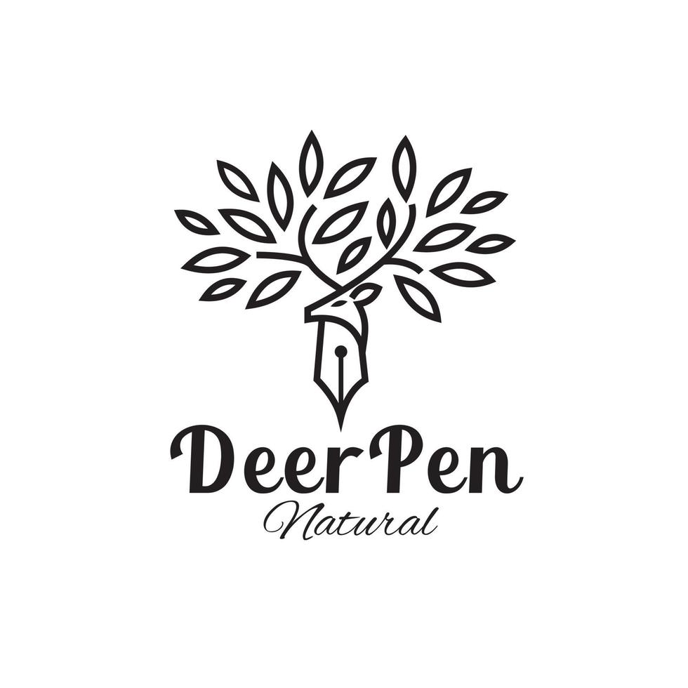 Deer illustration logo modern line style leaf antler pen symbol vector