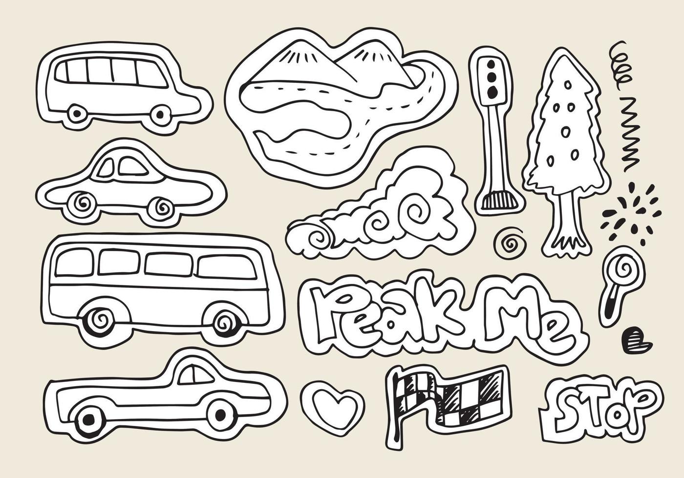 set of hand drawn kids doodles like cars, hills, trees, traffic lights ...