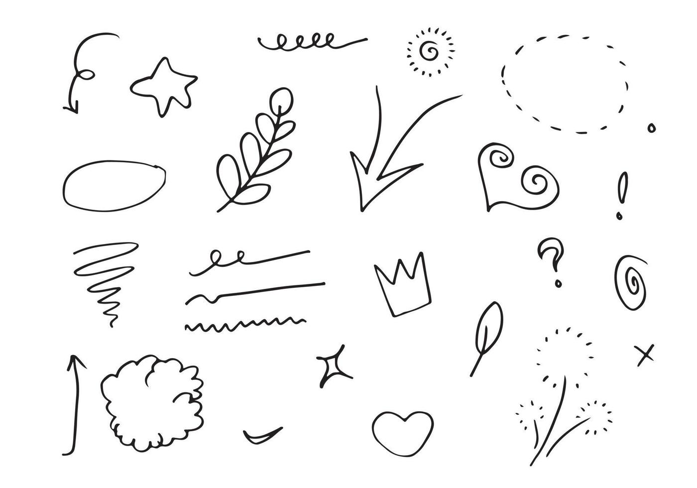 hand drawn set element,black on white background.arrow,leaves,speech bubble,heart,flower,star,king,emphasis,swirl,for concept design. vector