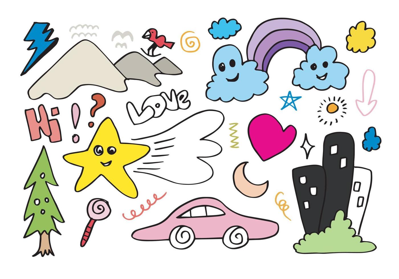 hand-drawn colorful doodle set on white background. vector