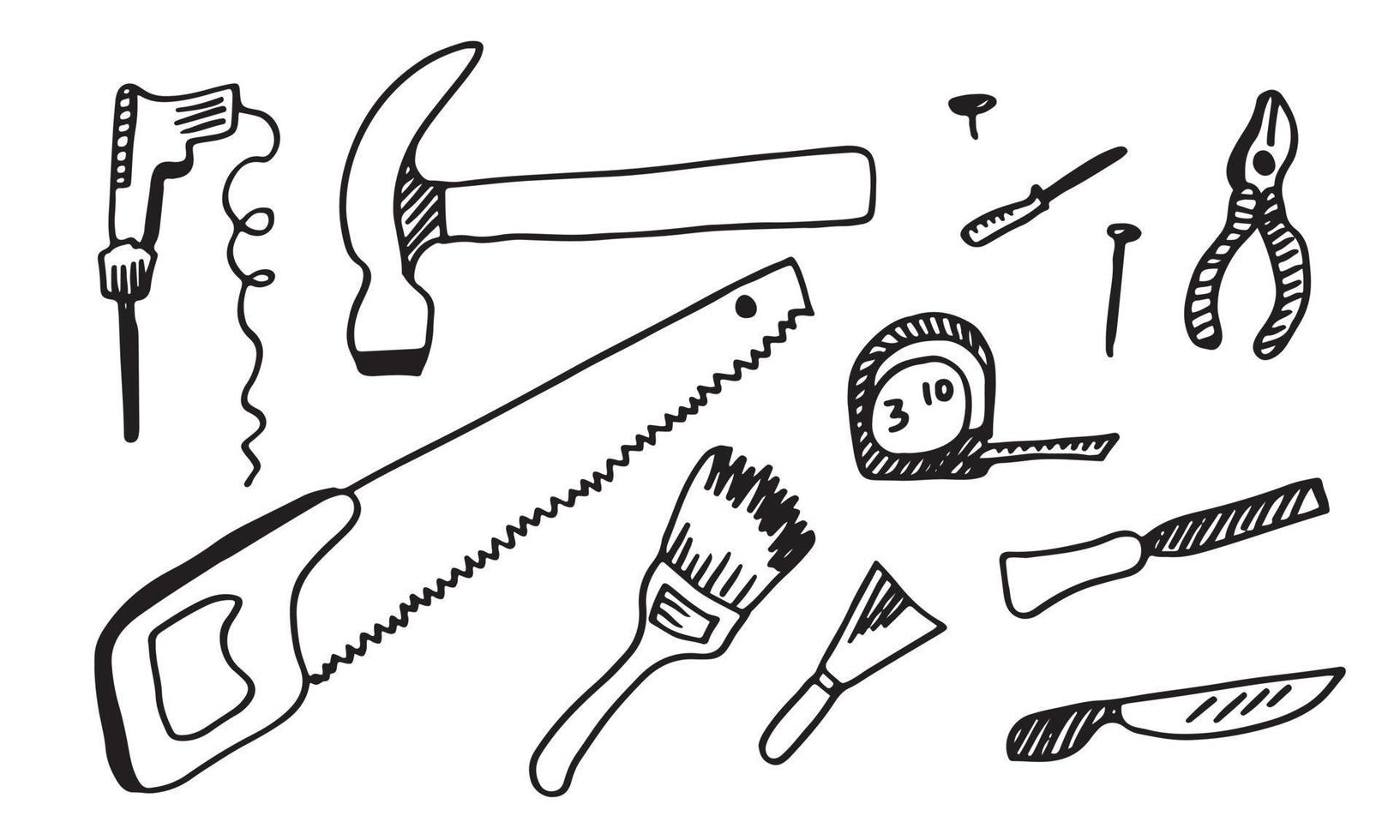 Working construction tools doodles collection on white background, vector