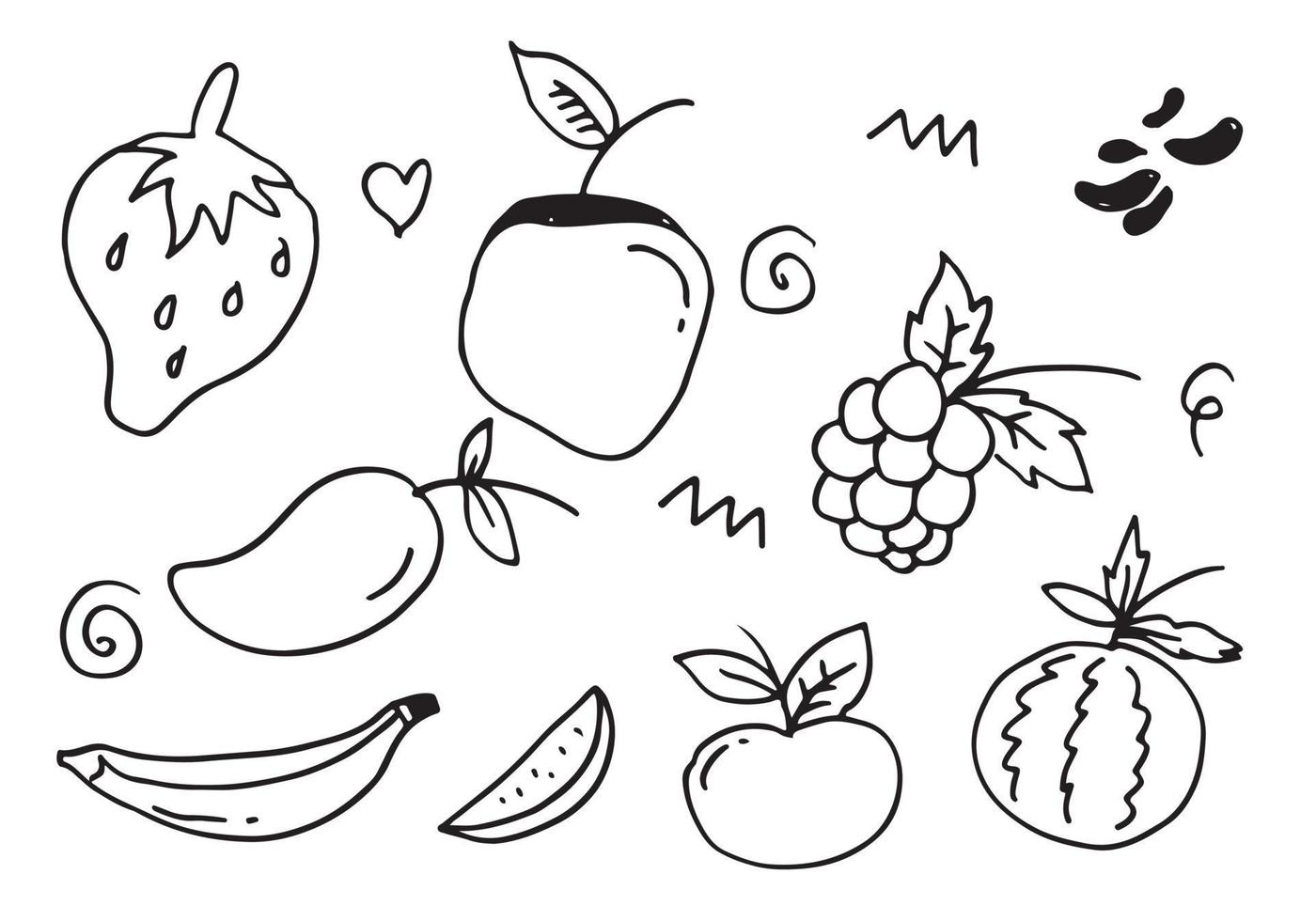 juego de frutas de fideos. dibujo a mano de frutas en diferentes estilos. vector