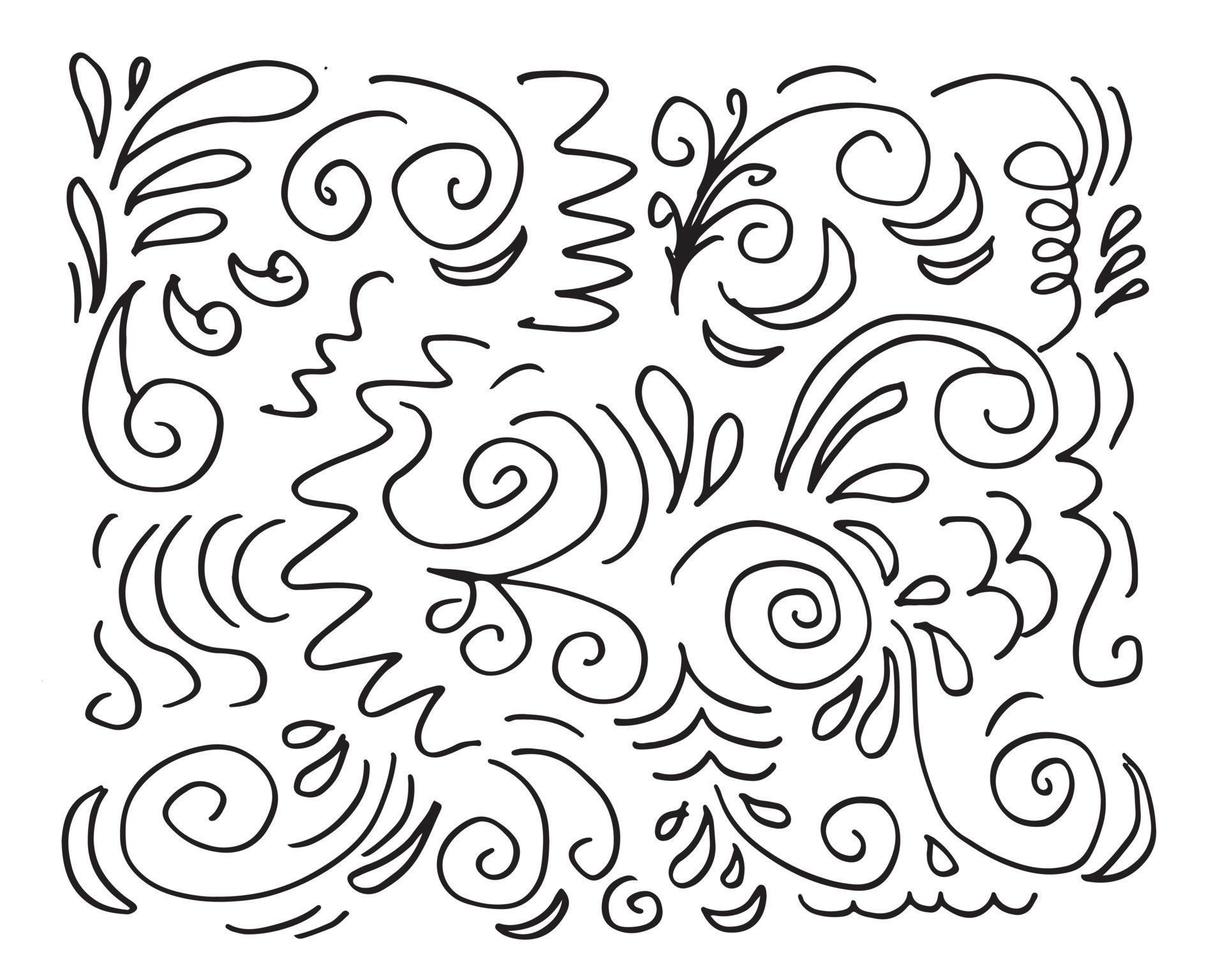 conjunto de dibujos animados de garabatos incompletos vectoriales dibujados a mano de elementos decorativos de rizos y remolinos para el diseño conceptual vector