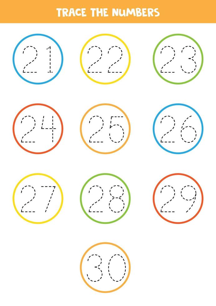 Tracing numbers from 21 to 30. Writing practice. vector