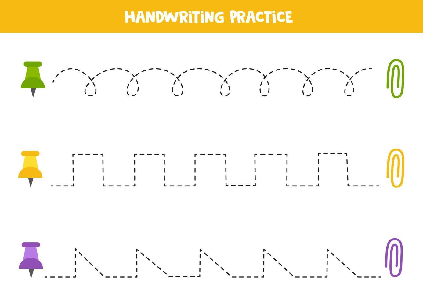 Tracing lines with colorful push pins and paper clips. Writing practice. vector