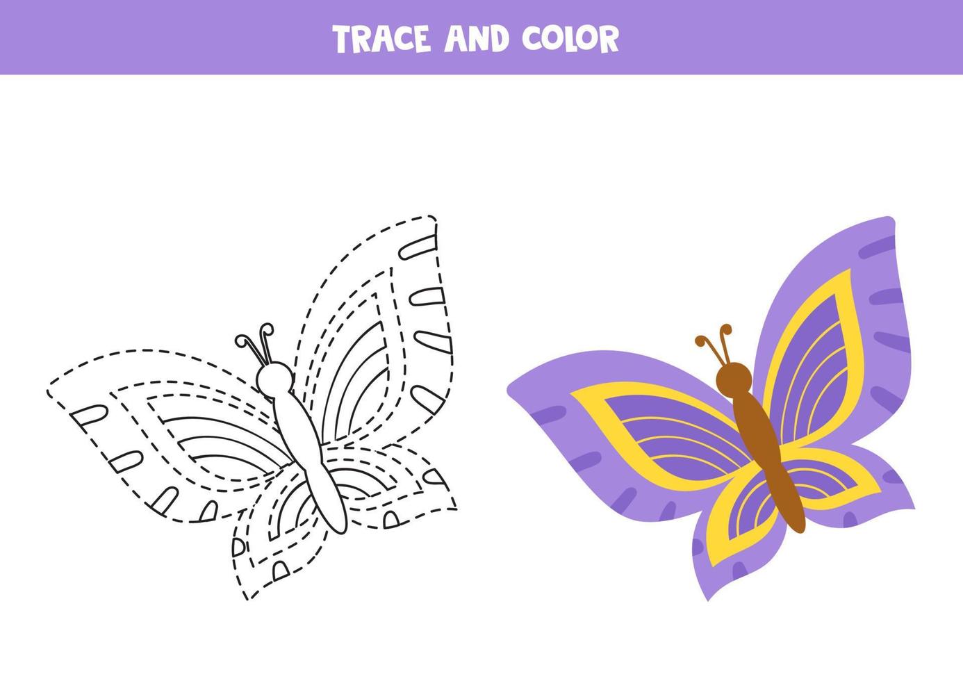 mariposa de dibujos animados de seguimiento y color. hoja de trabajo para niños. vector