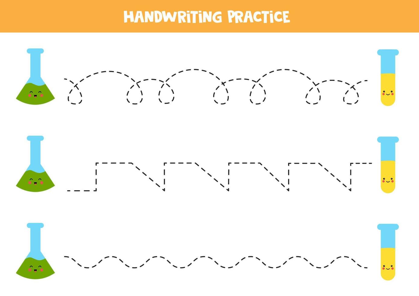 Tracing lines with cute test tubes. Writing practice. vector