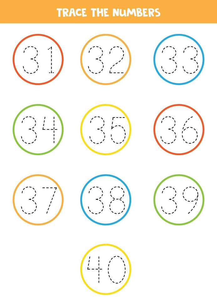 Tracing numbers from 31 to 40. Writing practice. vector