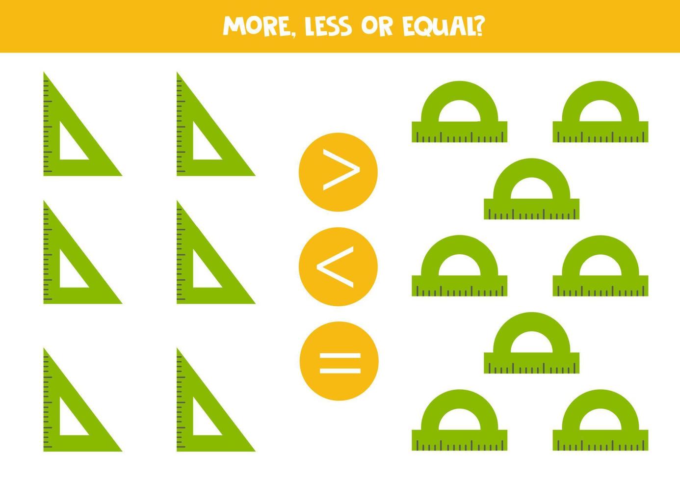 More, less, equal with cartoon green rulers. vector