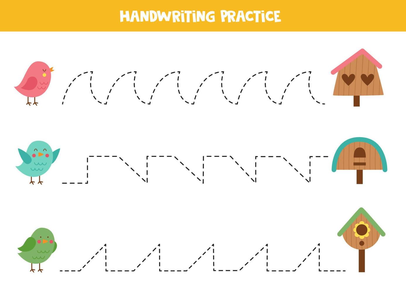 Tracing lines for kids. Cute birds and birdhouses. Writing practice. vector