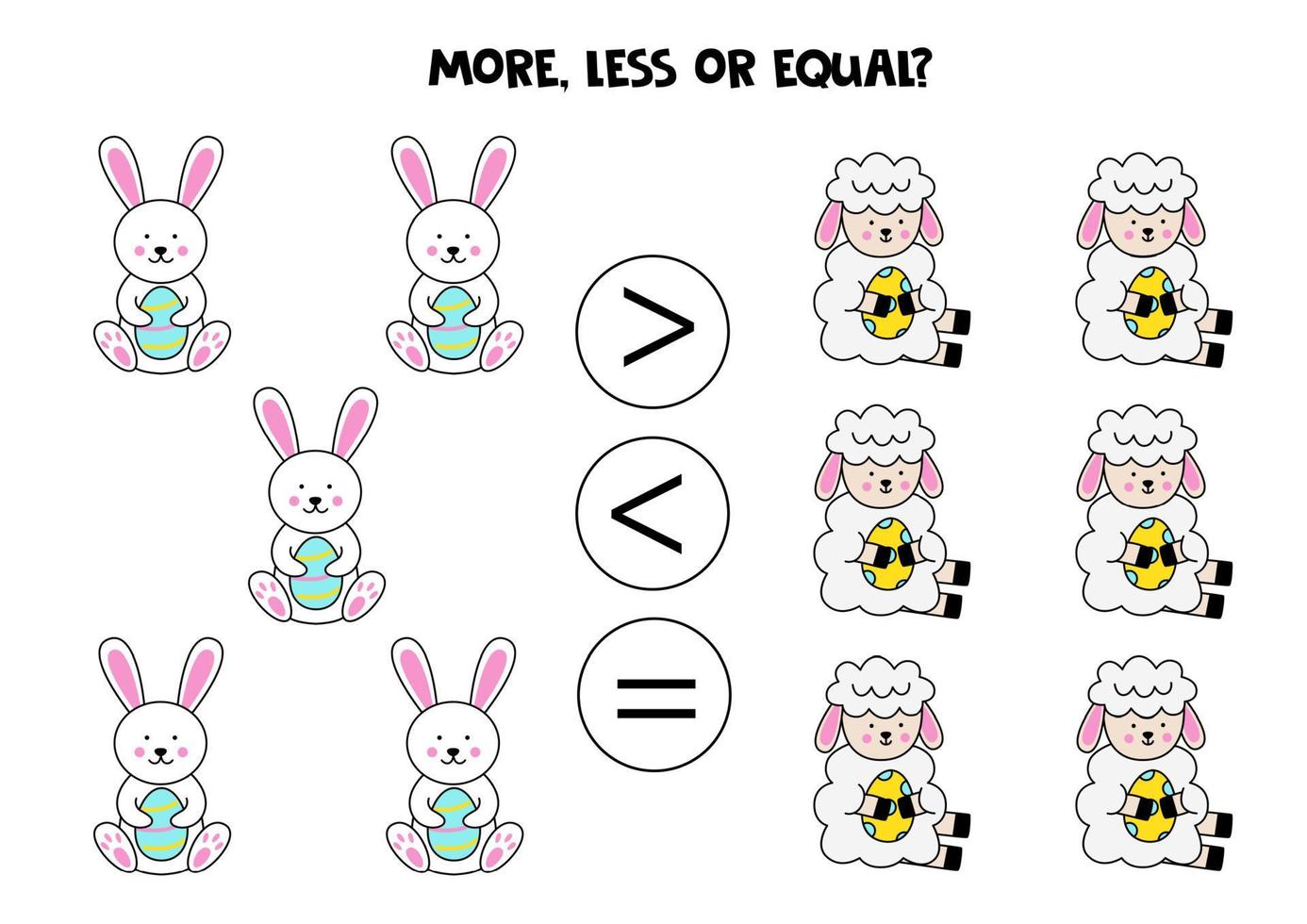 More, less, equal with cartoon Easter lambs and rabbits. vector