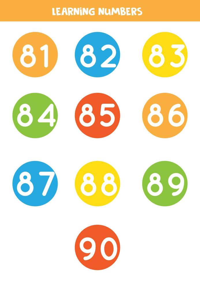 Learning numbers cards from 81 to 90. Colorful flashcards. vector