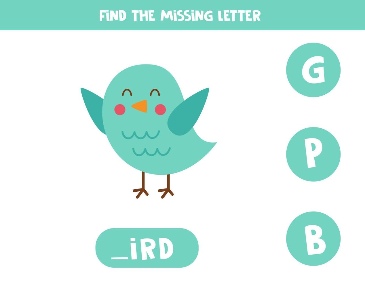Find missing letter with cute bird. Spelling worksheet. vector