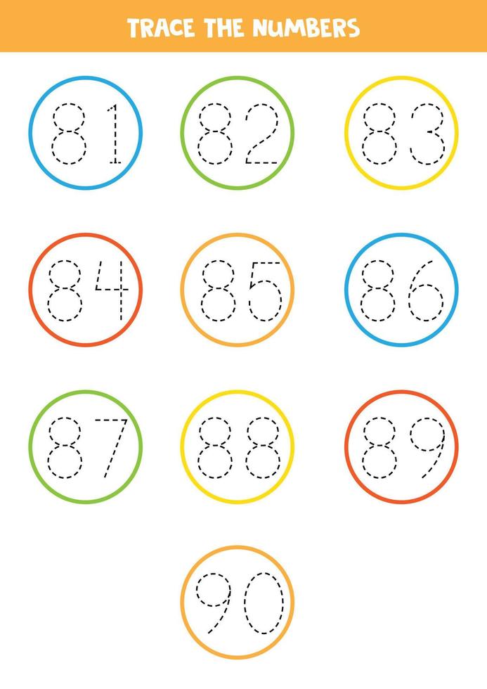 Tracing numbers from 81 to 90. Writing practice. vector