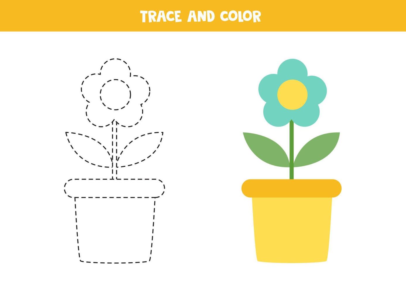 Trace and color cartoon flower. Worksheet for children. vector